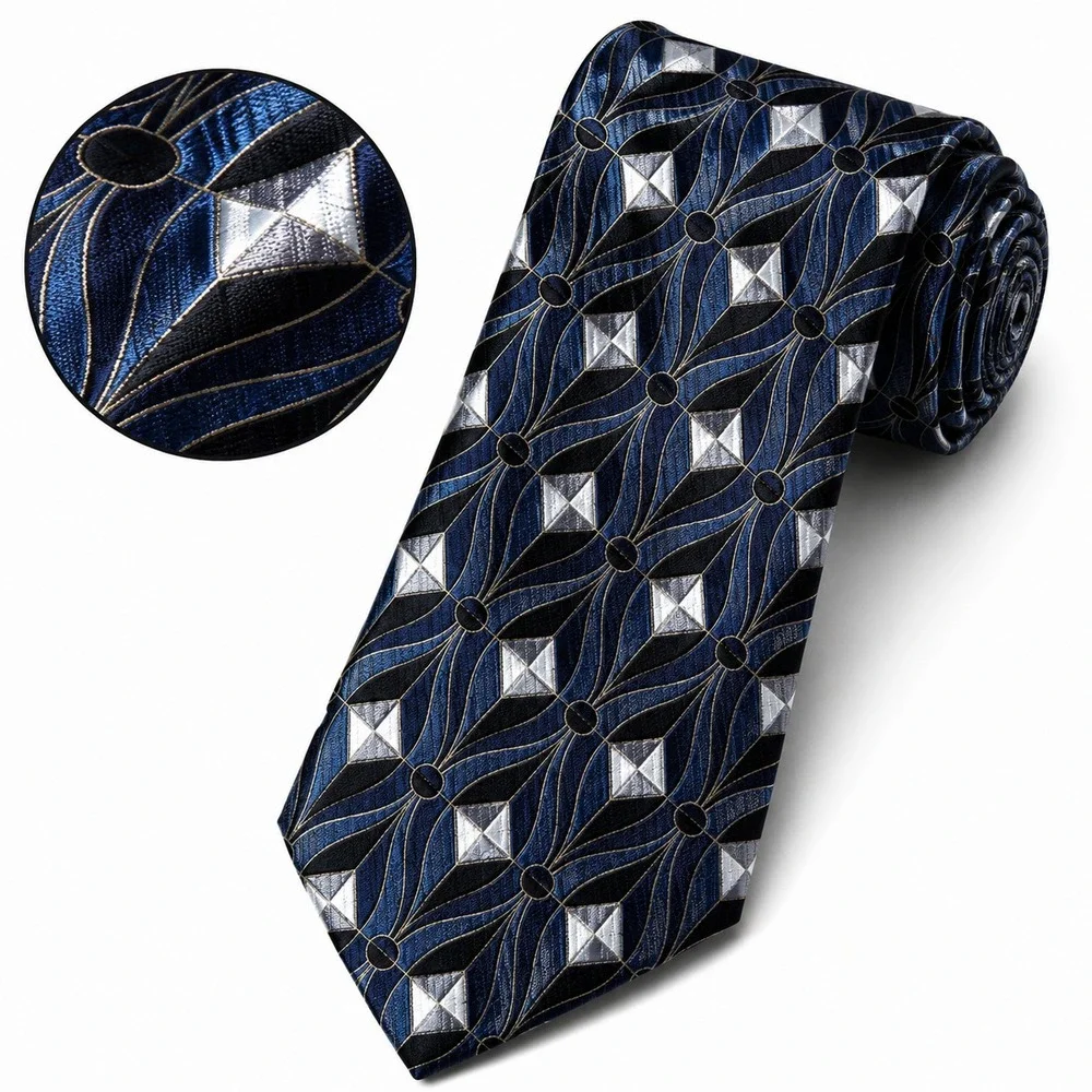Zylos George Machado Men's Necktie Blue Black Diamond Pattern Italian Silk W4